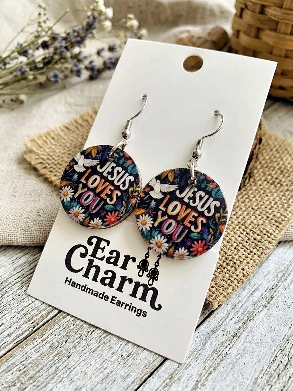 Ear Charm Jesus Loves You Handmade Earrings Handmade Floral Earrings